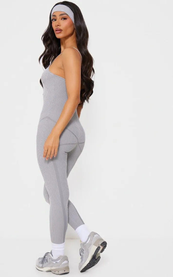 Petite Grey Contrast Knit Strappy Jumpsuit
