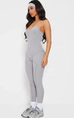 Petite Grey Contrast Knit Strappy Jumpsuit