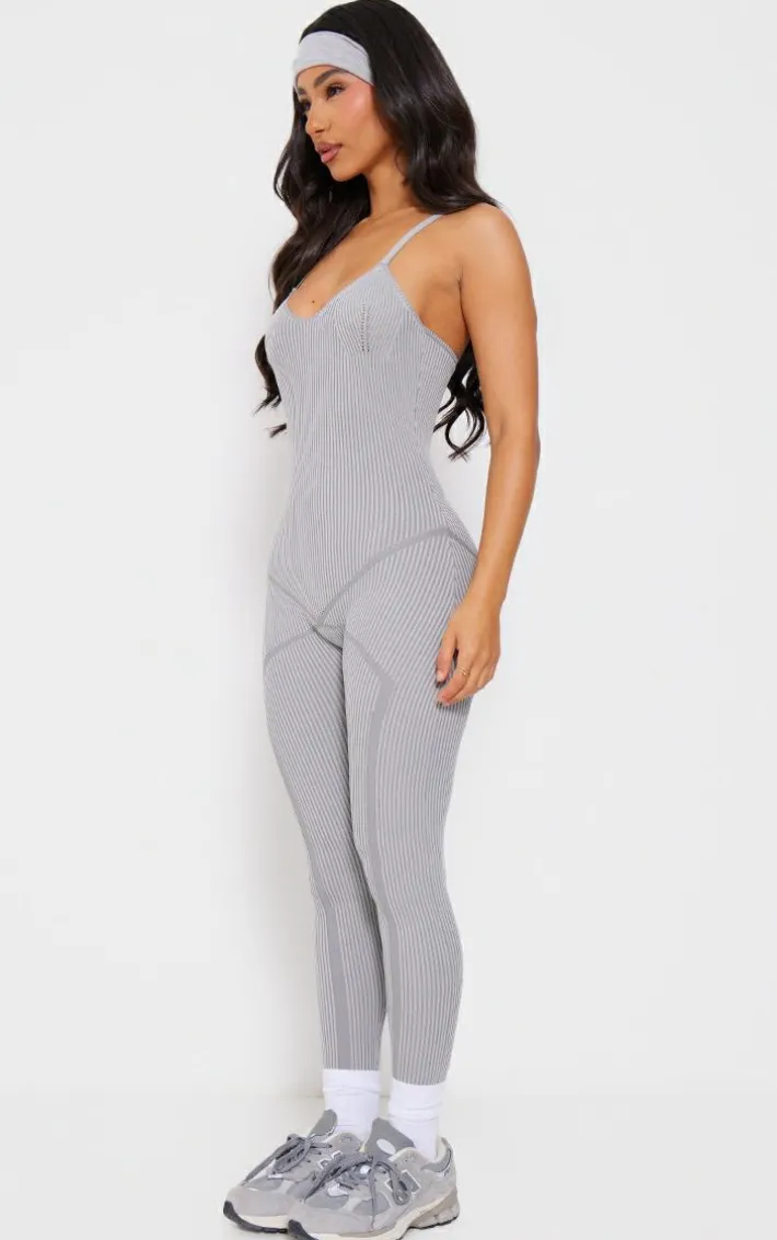 Petite Grey Contrast Knit Strappy Jumpsuit