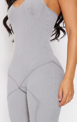 Petite Grey Contrast Knit Strappy Jumpsuit