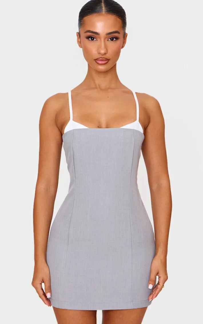 Petite Grey Contrast Strappy Woven Mini Dress