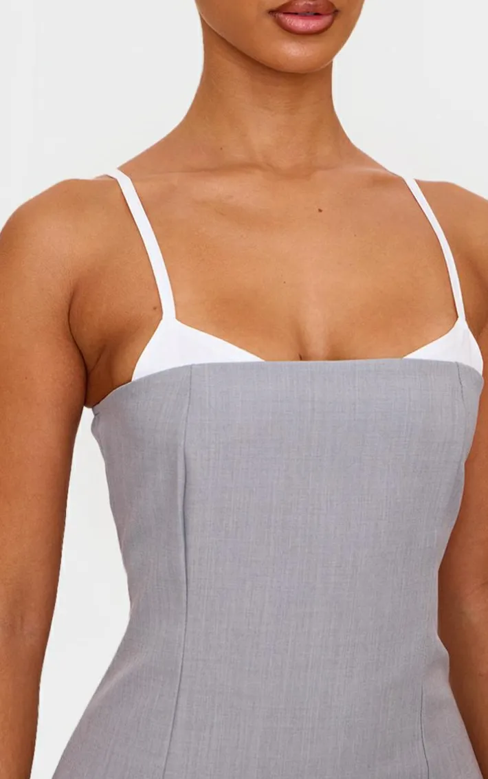 Petite Grey Contrast Strappy Woven Mini Dress