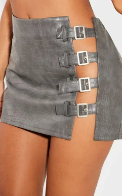 Petite Grey Croc Faux Leather Buckle Detail Mini Skirt