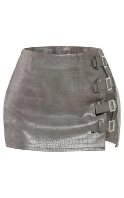 Petite Grey Croc Faux Leather Buckle Detail Mini Skirt