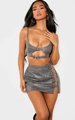 Petite Grey Croc Faux Leather Buckle Detail Bralet