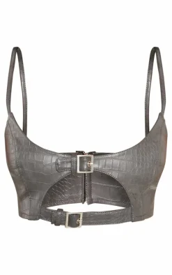 Petite Grey Croc Faux Leather Buckle Detail Bralet
