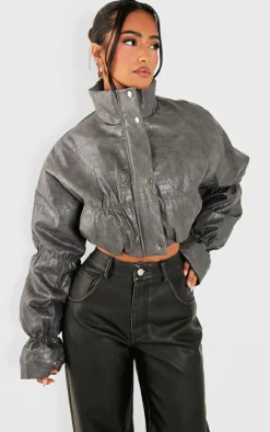 Petite Grey Croc Faux Leather Cropped Puffer Jacket