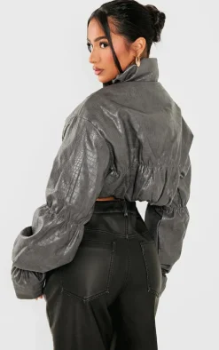Petite Grey Croc Faux Leather Cropped Puffer Jacket