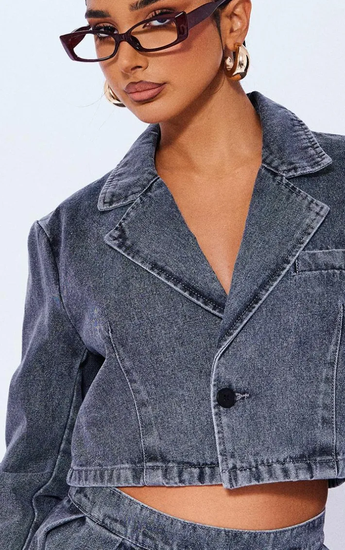 Petite Grey Cropped Denim Blazer