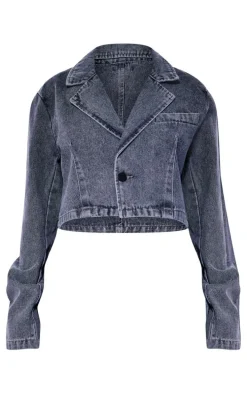 Petite Grey Cropped Denim Blazer