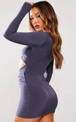 Petite Grey Cut Out Long Sleeve Mini Bodycon Dress