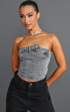 Petite Grey Denim Button Detail Corset