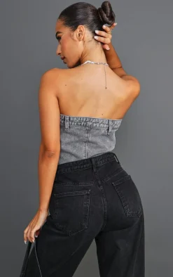 Petite Grey Denim Button Detail Corset