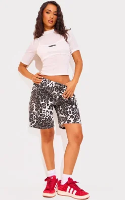 Petite Grey Denim Leopard Print Longline Shorts