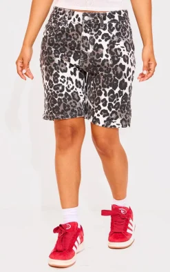 Petite Grey Denim Leopard Print Longline Shorts
