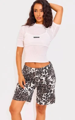 Petite Grey Denim Leopard Print Longline Shorts
