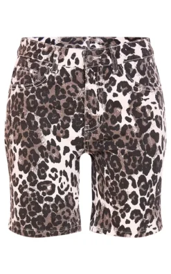 Petite Grey Denim Leopard Print Longline Shorts