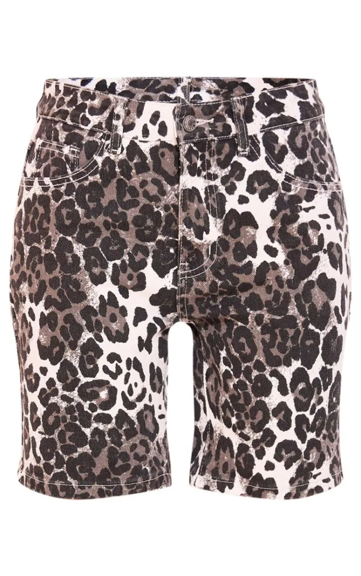 Petite Grey Denim Leopard Print Longline Shorts
