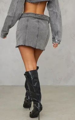 Petite Grey Distressed Button Front Denim Micro Mini Skirt
