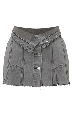 Petite Grey Distressed Button Front Denim Micro Mini Skirt