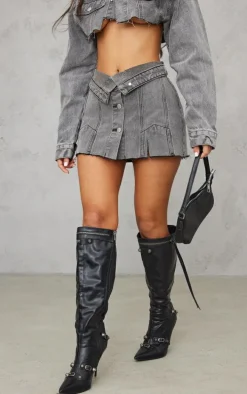 Petite Grey Distressed Denim Foldover Micro Mini Skirt