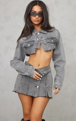 Petite Grey Distressed Denim Foldover Micro Mini Skirt