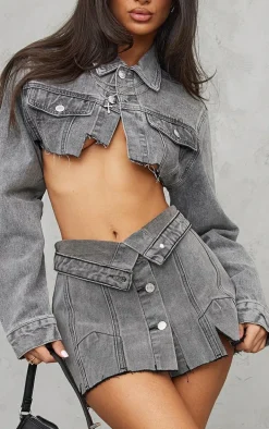 Petite Grey Distressed Denim Foldover Micro Mini Skirt