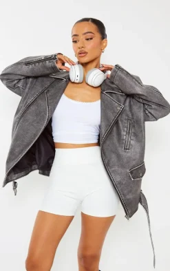 Petite Grey Distressed Look Faux Leather Longline Jacket