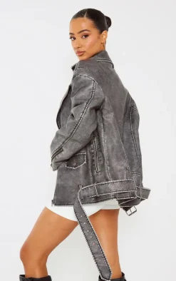Petite Grey Distressed Look Faux Leather Longline Jacket