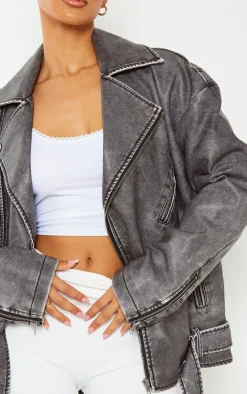 Petite Grey Distressed Look Faux Leather Longline Jacket