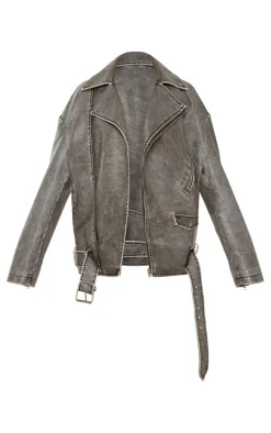 Petite Grey Distressed Look Faux Leather Longline Jacket