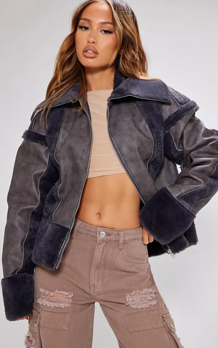 Petite Grey Distressed PU & Fur Contrast Jacket