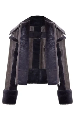 Petite Grey Distressed PU & Fur Contrast Jacket