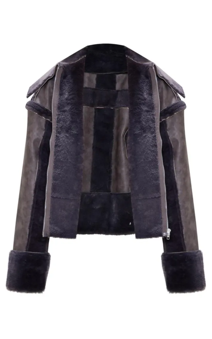Petite Grey Distressed PU & Fur Contrast Jacket