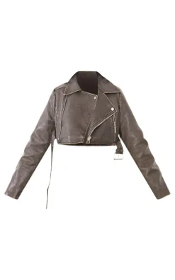 Petite Grey Faux Washed Leather Super Cropped Belted Biker Jacket