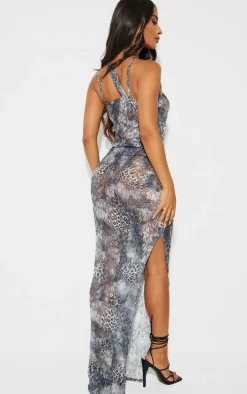 Petite Grey Floral Crushed Lace Ruched Detail Maxi Dress