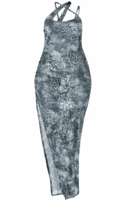 Petite Grey Floral Crushed Lace Ruched Detail Maxi Dress