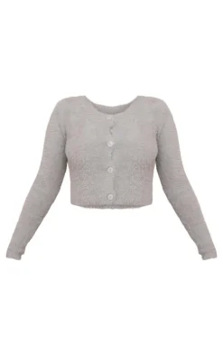 Petite Grey Fluffy Knit Cropped Cardigan