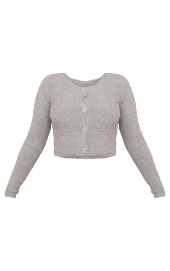 Petite Grey Fluffy Knit Cropped Cardigan