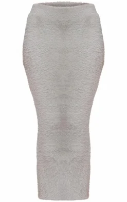 Petite Grey Fluffy Knit Low Waist Maxi Skirt