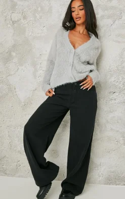 Petite Grey Fluffy Knit V Neck Cardigan