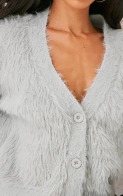 Petite Grey Fluffy Knit V Neck Cardigan