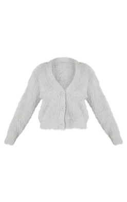 Petite Grey Fluffy Knit V Neck Cardigan