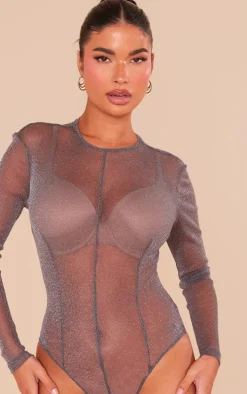 Petite Grey Glitter Long Sleeve Bodysuit