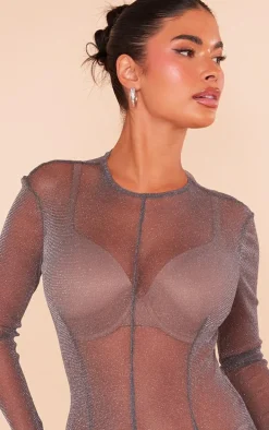 Petite Grey Glitter Long Sleeve Bodysuit