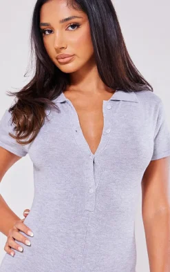 Petite Grey Knit Button Up Romper