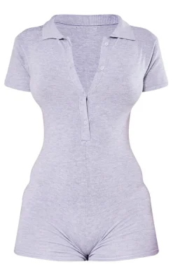 Petite Grey Knit Button Up Romper