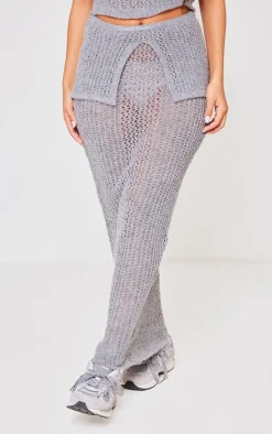 Petite Grey Knitted Fold Over Midaxi Skirt
