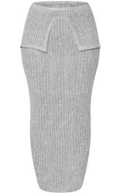 Petite Grey Knitted Fold Over Midaxi Skirt