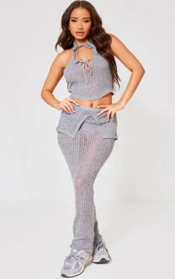 Petite Grey Knitted Halterneck Cut Out Top With Tie Details